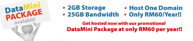 Get hosted now with our promotional  DataMini Package at only RM65 per year!!